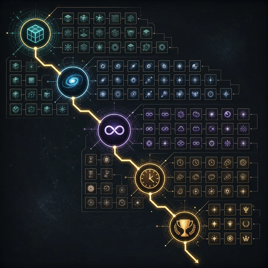 Antimatter Dimensions achievements guide showing an achievement grid and progression path