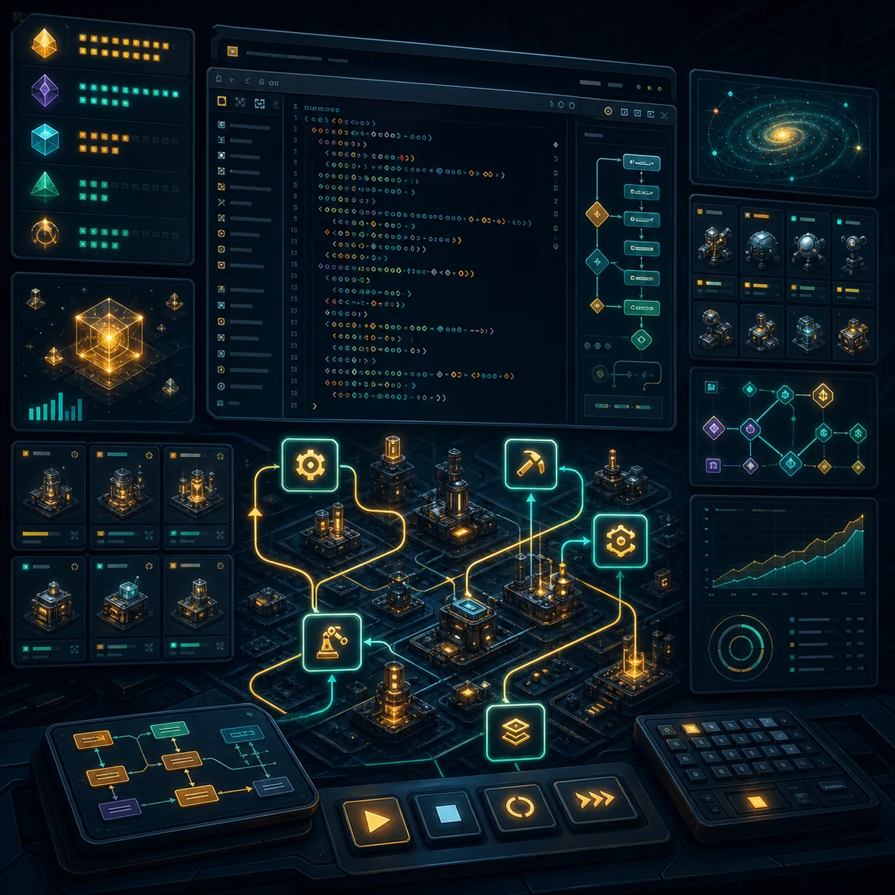 Editorial illustration of Antimatter Dimensions Automator scripts controlling idle game progression