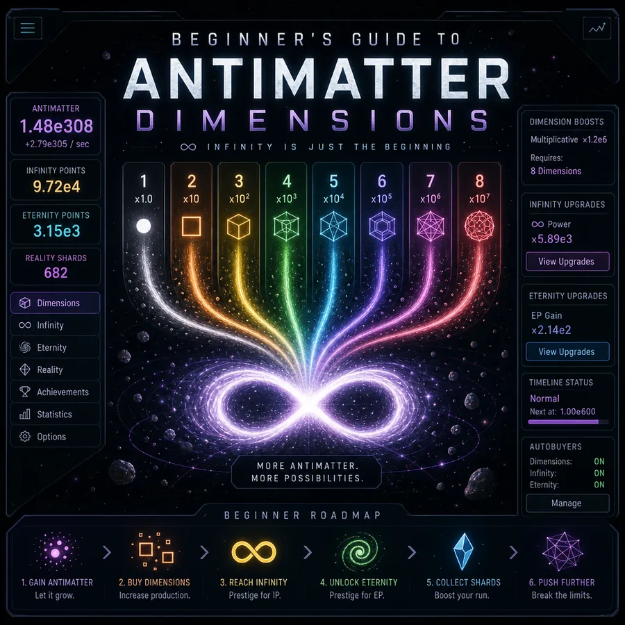 Antimatter Dimensions beginner guide showing early progression from Dimensions to Infinity