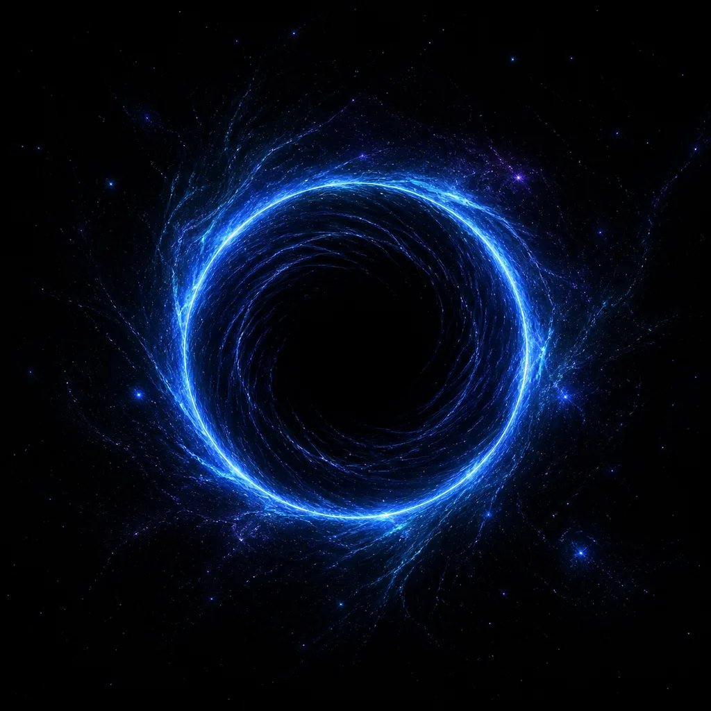 Vórtice cósmico azul que representa la mecánica del agujero negro de Antimatter Dimensions