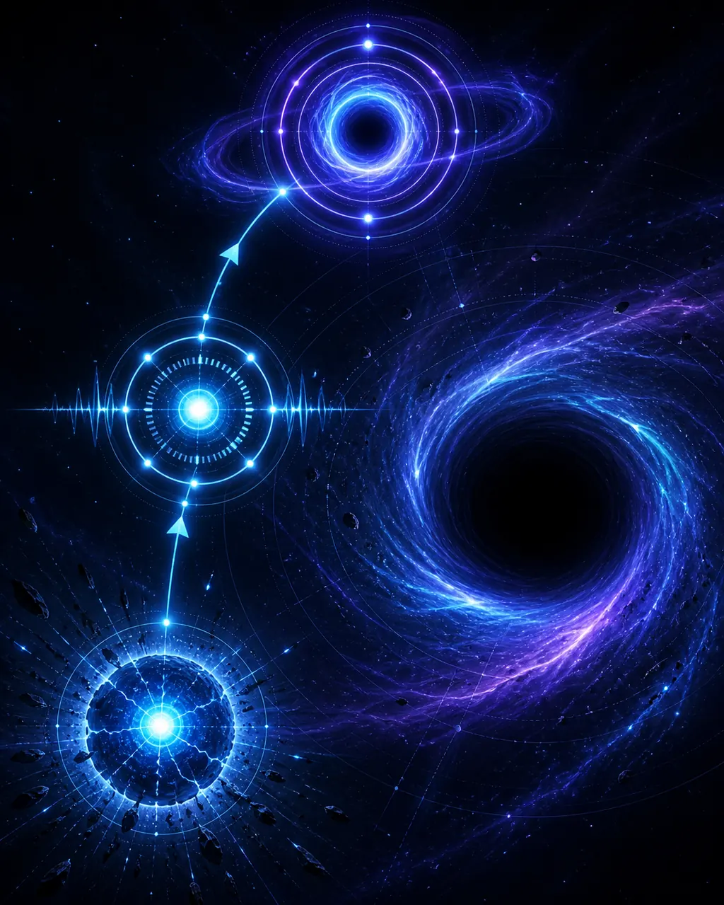 Camino cósmico editorial que representa tres etapas de decisión para mejorar Black Hole