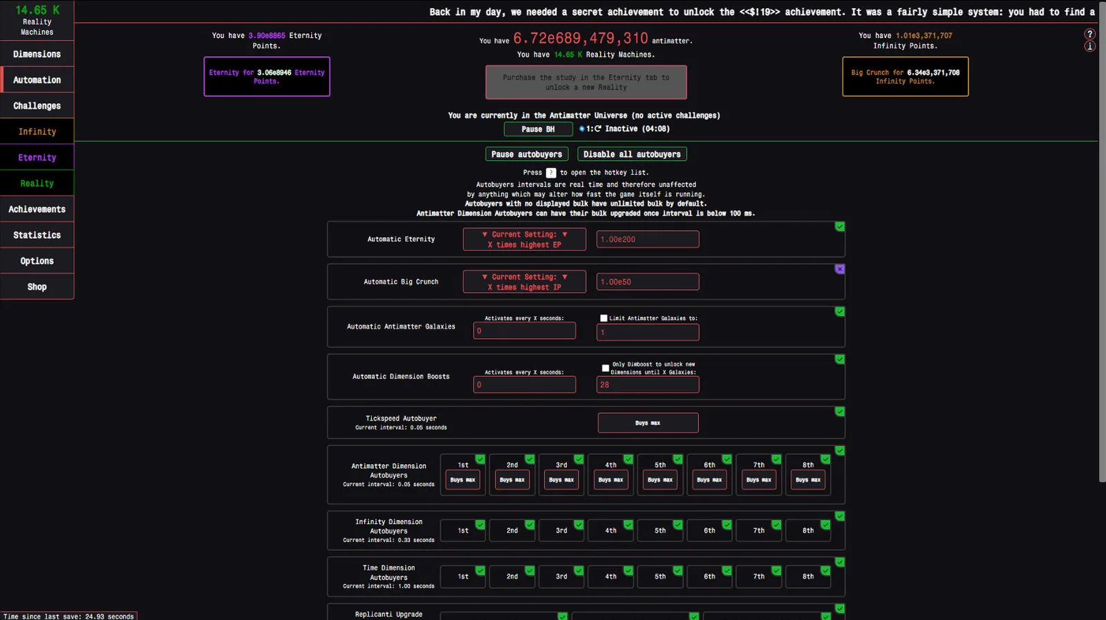 Tela oficial de Automation com controles de Tickspeed e autobuyers de Antimatter Dimensions