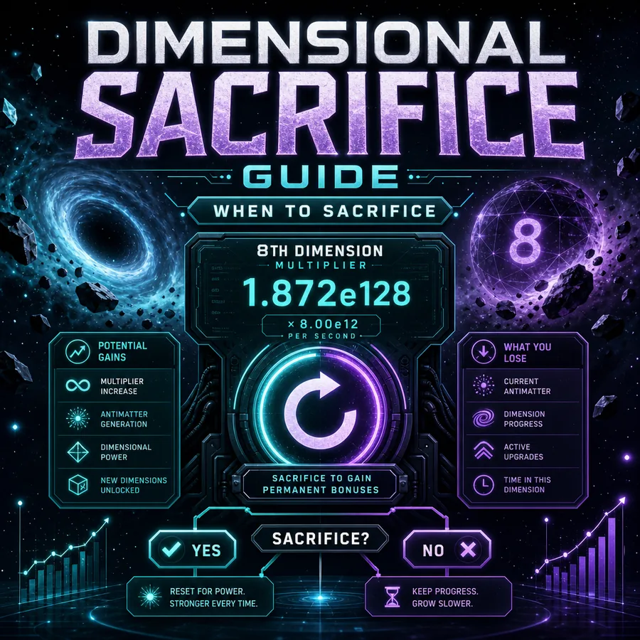 Guida al Sacrificio dimensionale di Antimatter Dimensions con console del moltiplicatore e schema di timing