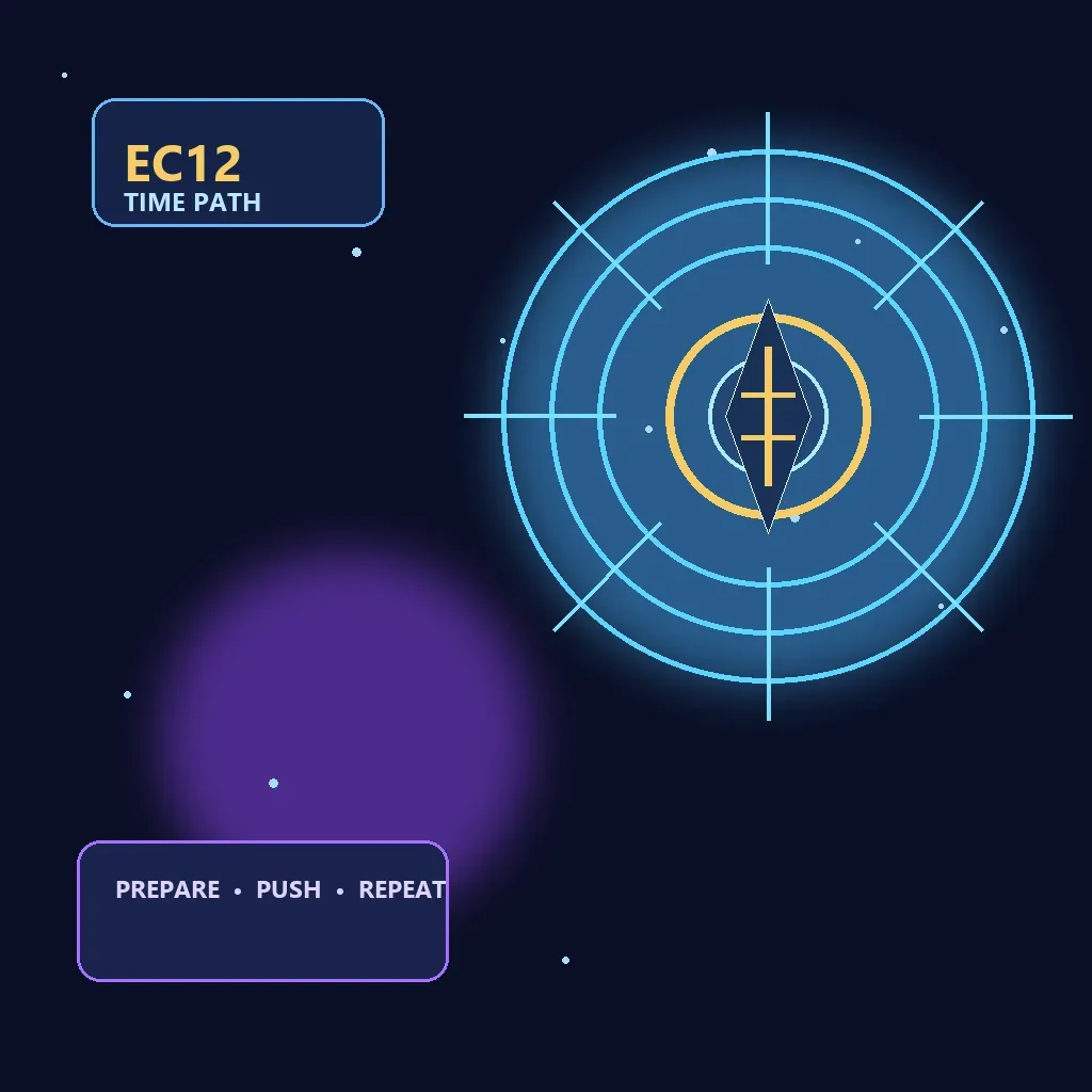 Illustrazione concettuale editoriale con Time Dimensions e una clessidra che convergono su un portale EC12