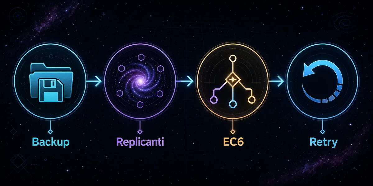 バックアップ、Replicanti 準備、EC6、再挑戦の確認点を示す編集用イラスト