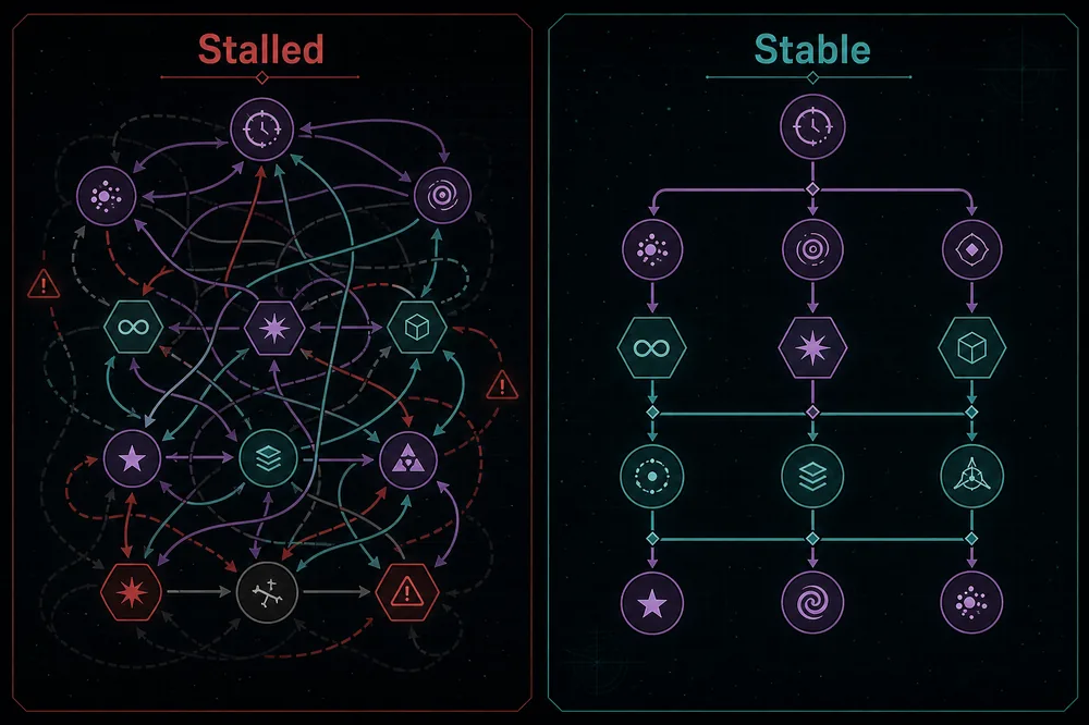 Editorial EC9 troubleshooting graphic comparing a stalled resource route with a stable Time Study route