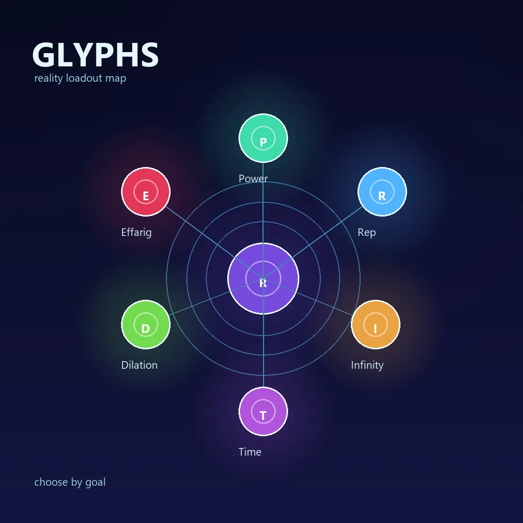 Illustration éditoriale de six orbes de glyphes lumineux autour d'une étoile dans Antimatter Dimensions
