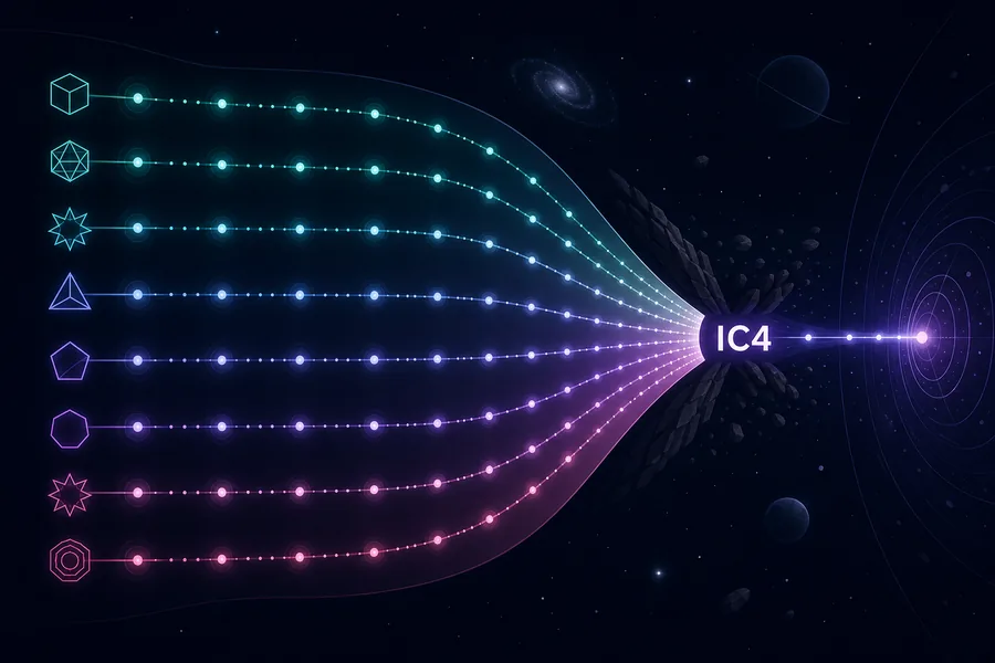 Editorial Antimatter Dimensions IC4 guide graphic showing eight dimension lanes converging into Infinity Challenge 4
