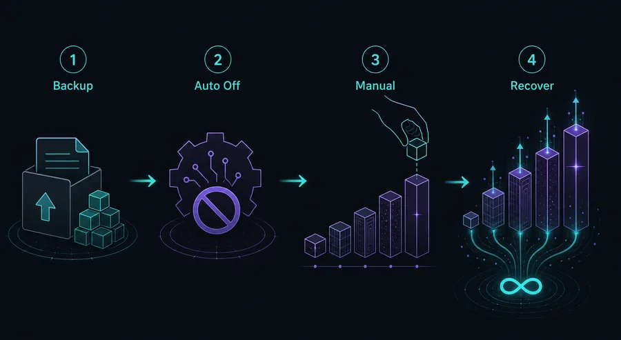 Editorial IC4 route graphic showing backup, automation off, manual buying, and recovery steps