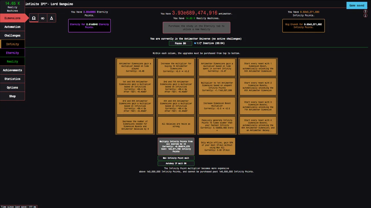 Steam에 공개된 Antimatter Dimensions Infinity Upgrades 화면