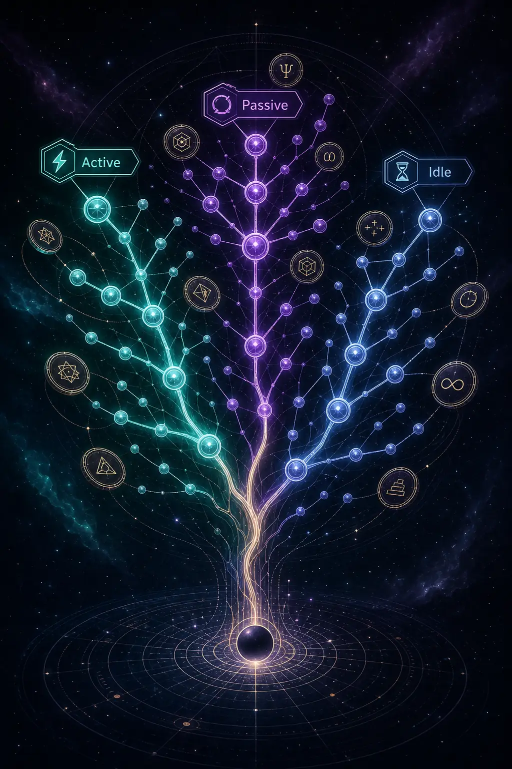 Editorial illustration of Antimatter Dimensions Time Studies branching into Active Passive and Idle paths