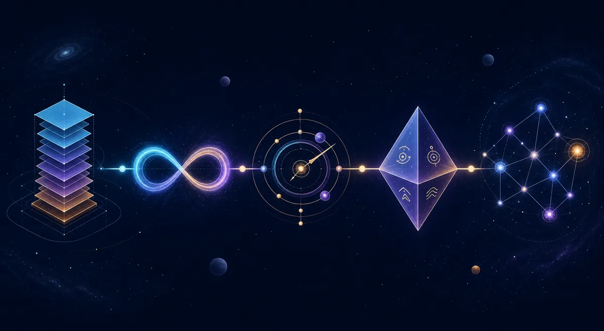 Illustrazione editoriale della progressione di Antimatter Dimensions da Dimensions a Infinity, Eternity, Reality e Celestials